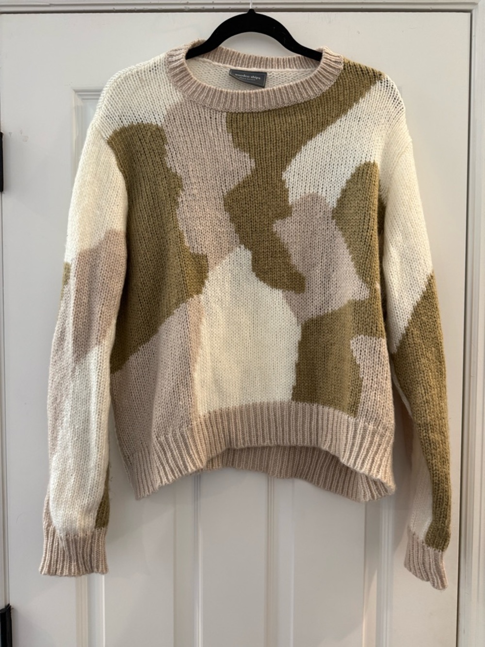 Wooden Ships Neutral Camo Mohair Wool Patterned V-neck Sweater Medium Large